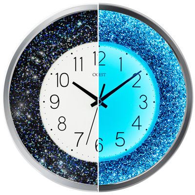 12 Inch Crushed Diamond Wall Clock with Smart Sound & Light Sensor, Silent Glam Crystal Clock, Voice Activated LED Night Light Decorative for Bedroom Living Room, Battery Operated (Blue)