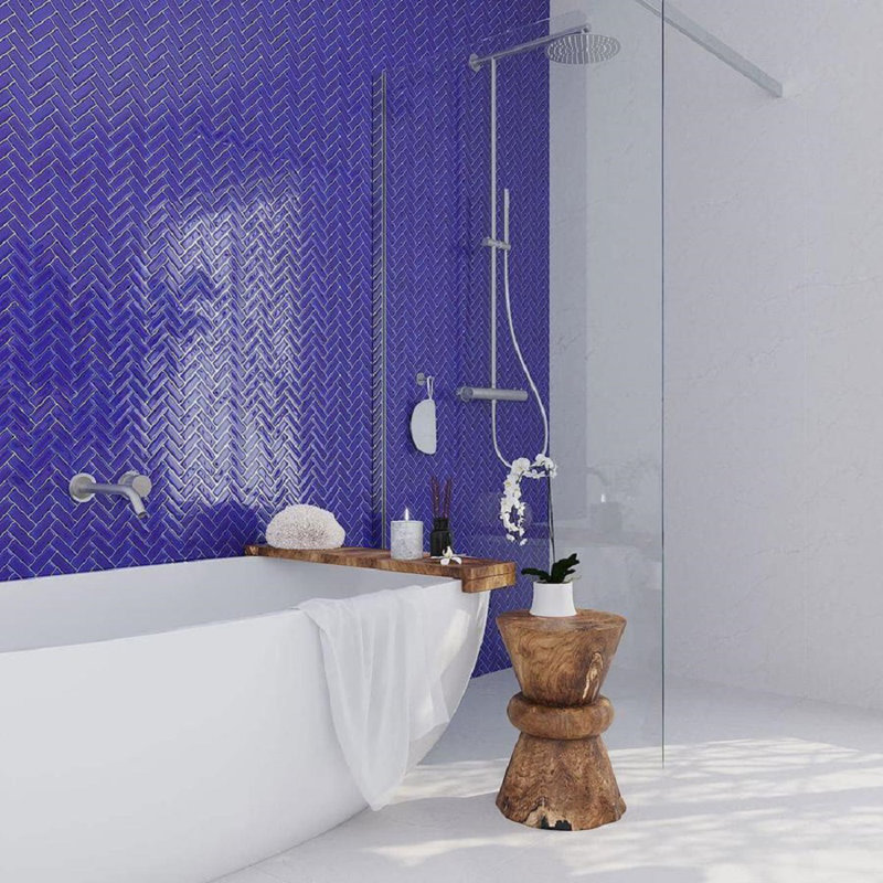 11"X 12.6" Herringbone Polished Glass Mosaic Tile, Cobalt Blue