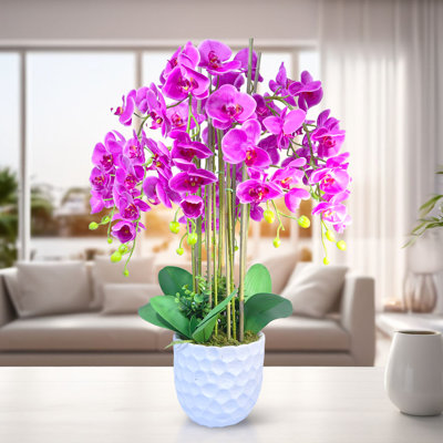 Grande orchidée rose, fausse fleur 31 po, pot de fleurs blanc, décoration de table de bureau à domicile