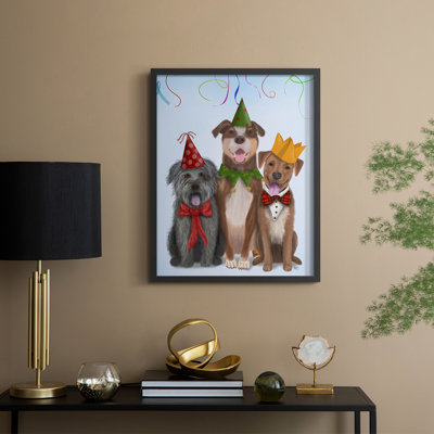 Christmas Party Mutts, reproduction encadrée - bois massif