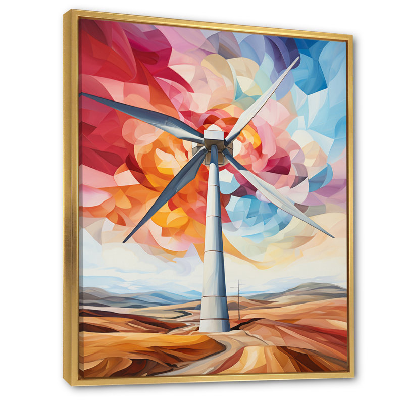 «Fractal Wind Turbines Modern Energy», reproduction sur toile, Cadre flottant doré, H 32 po x l 16 po x P 1 po