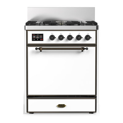 Cuisinière à double combustible 30 pouces avec 5 brûleurs scellés blancs Majestic III Series (gaz naturel, garniture brunie)