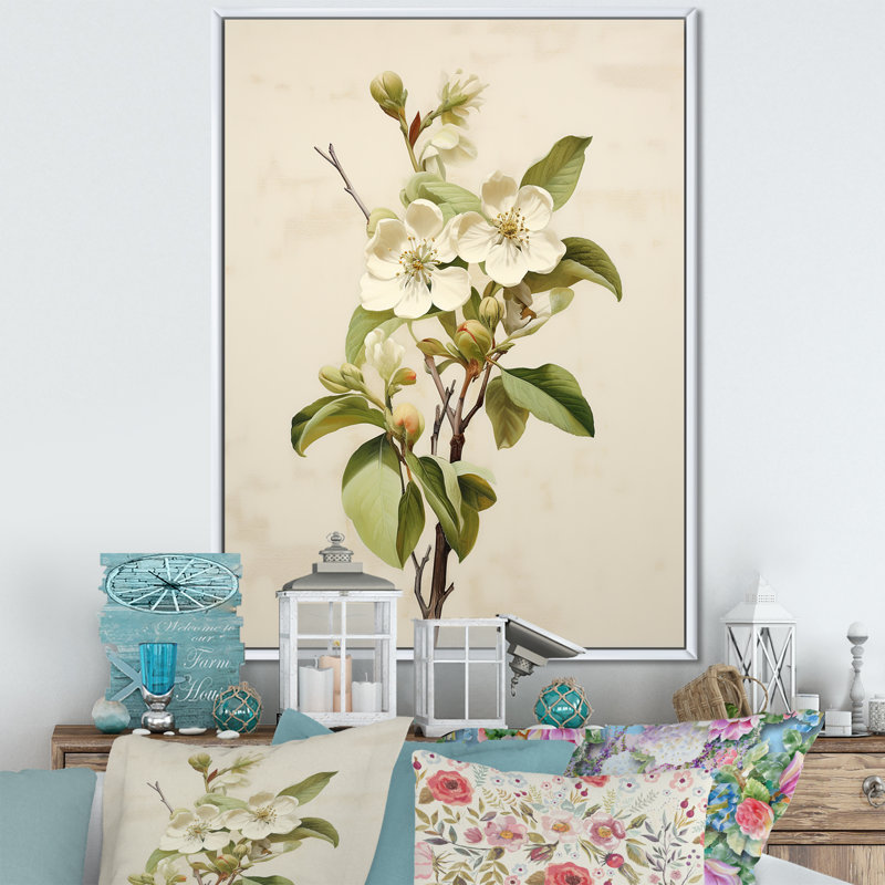Fleur de pommier minimaliste beige I - fleur de pommier_106421, H 40 po x l 30 po x P 1,5 po, Cadre flottant blanc