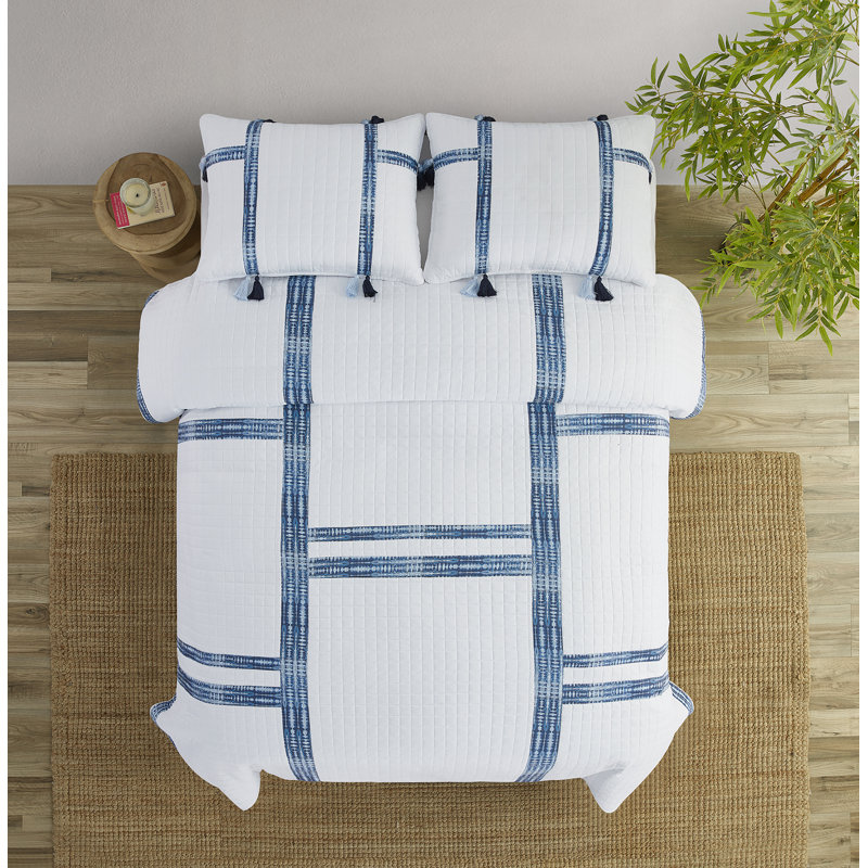  Ensemble de courtepointe en microfibre blanc / bleu marine 3 pièces, Courtepointe très grand et 2 taies décoratives