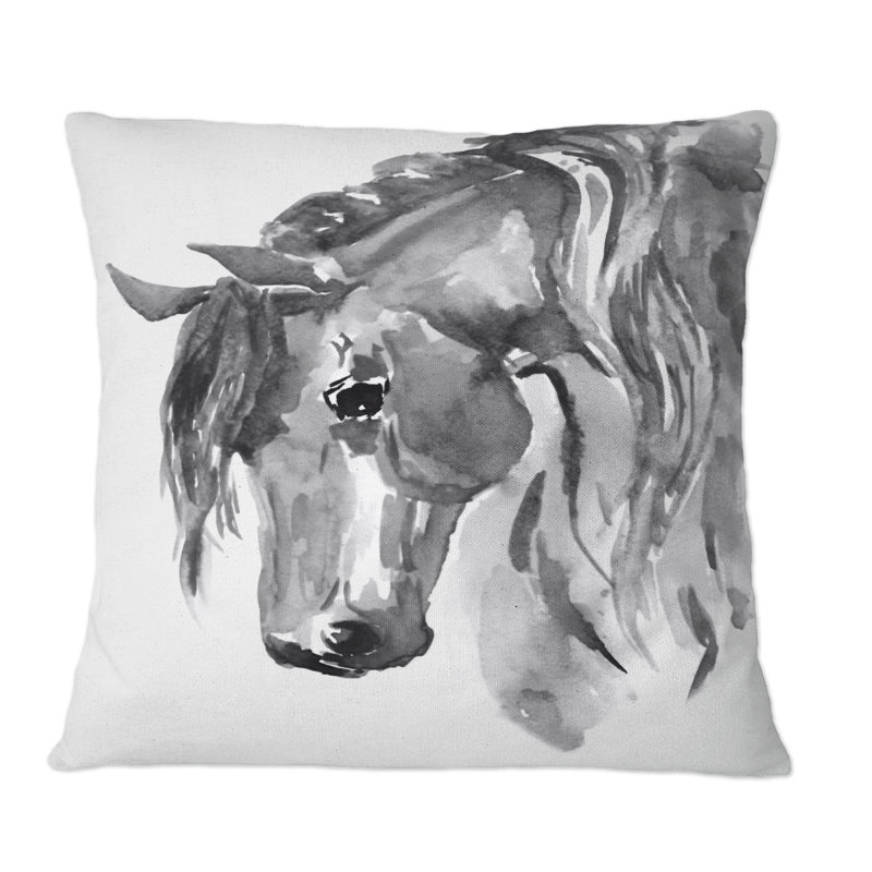 Portrait de cheval noir et blanc I - Coussin décoratif à imprimé traditionnel, 16 po x 16 po