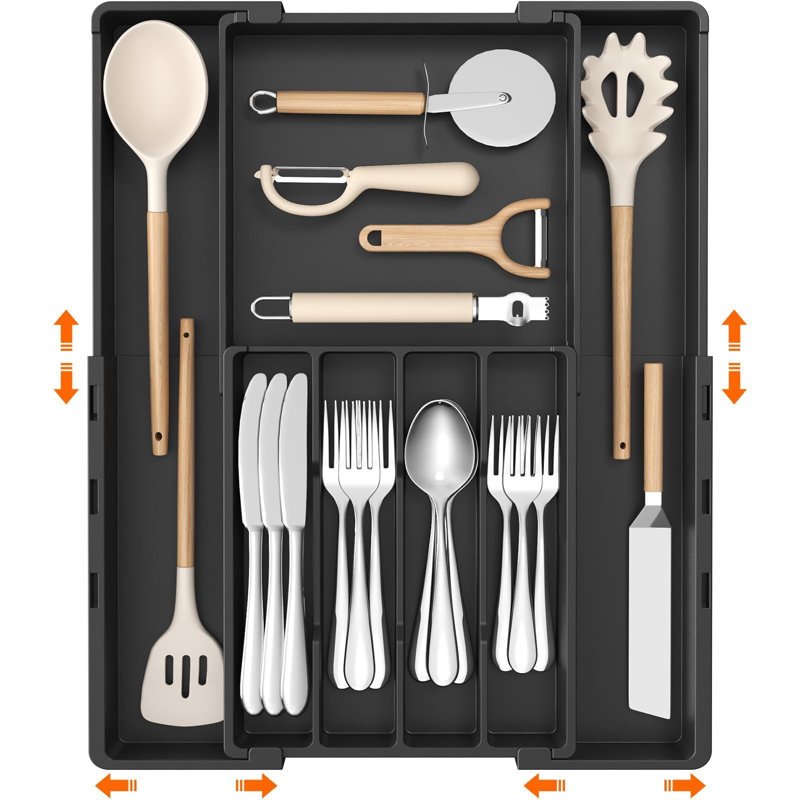 Expandable Silverware Drawer Organizer, Utensil Tray for Kitchen，Black, Grey