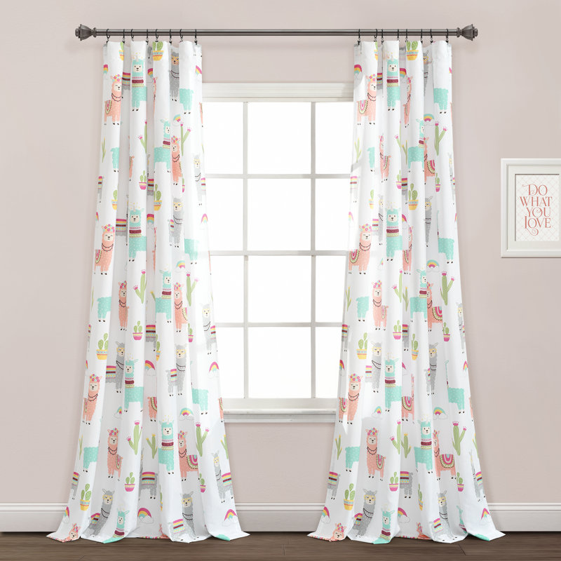 Lush Decor Southwest Llama Cactus Semi-Sheer Curtain Panels Pair Drapes (Set of 2), White/Blush