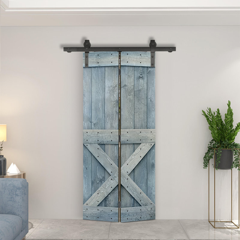 84'' Solid Wood Barn Doors Bi-Fold Door, 20" x 84", Denim Blue
