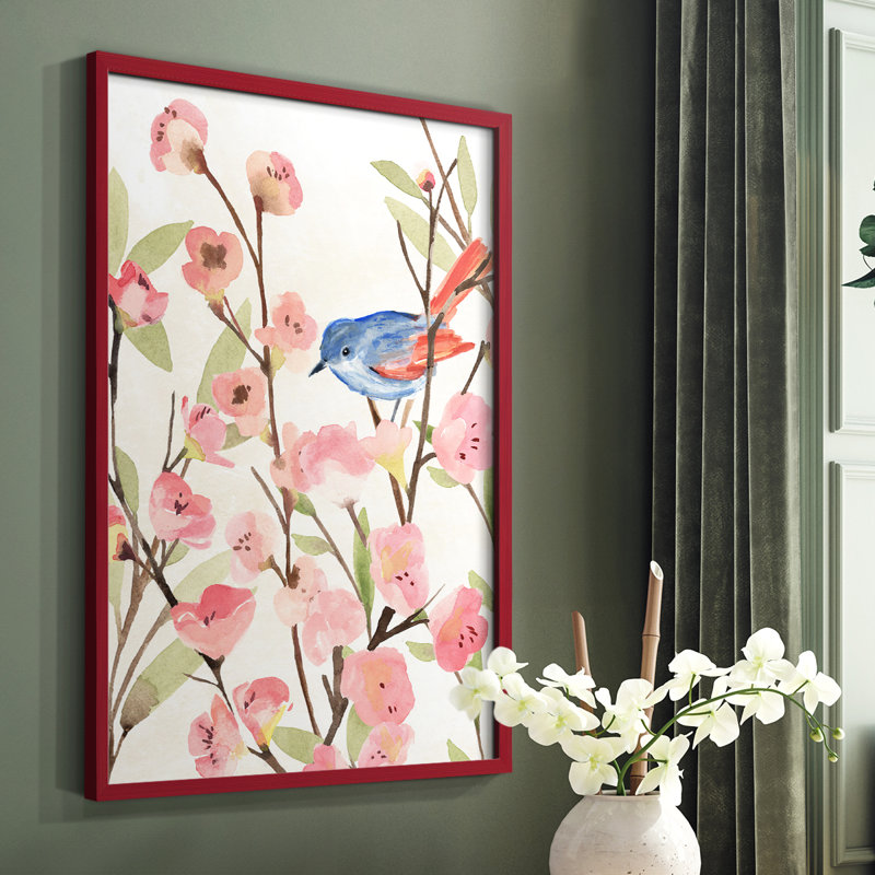 «Cherry Blossom Perch II», reproduction encadrée - bois massif, Rouge, H 10 po x l 8 po
