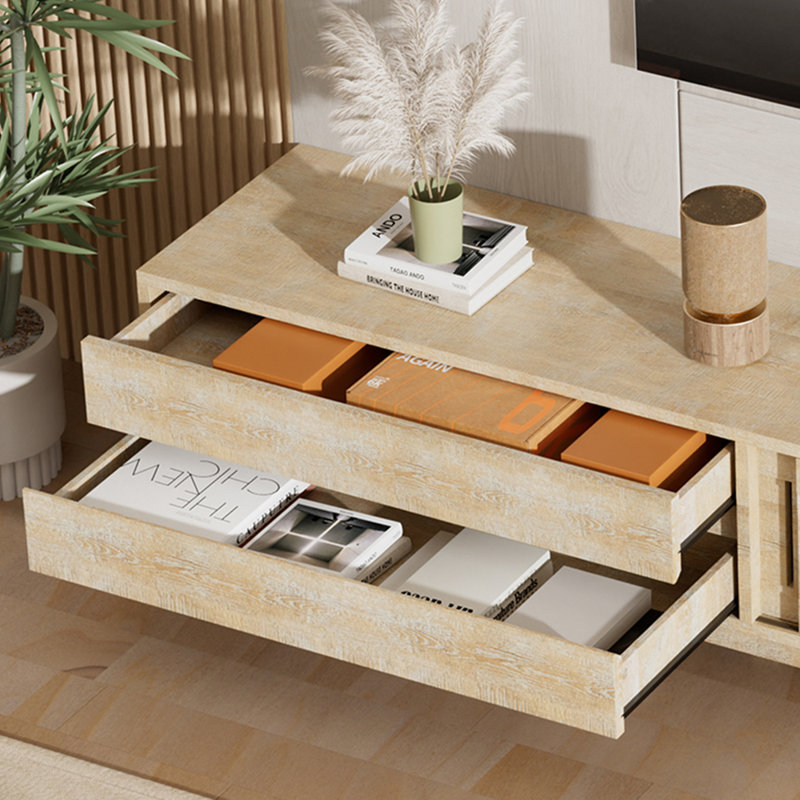 Meuble télé moderne avec tiroir et rangement, 94.49", Bois naturel