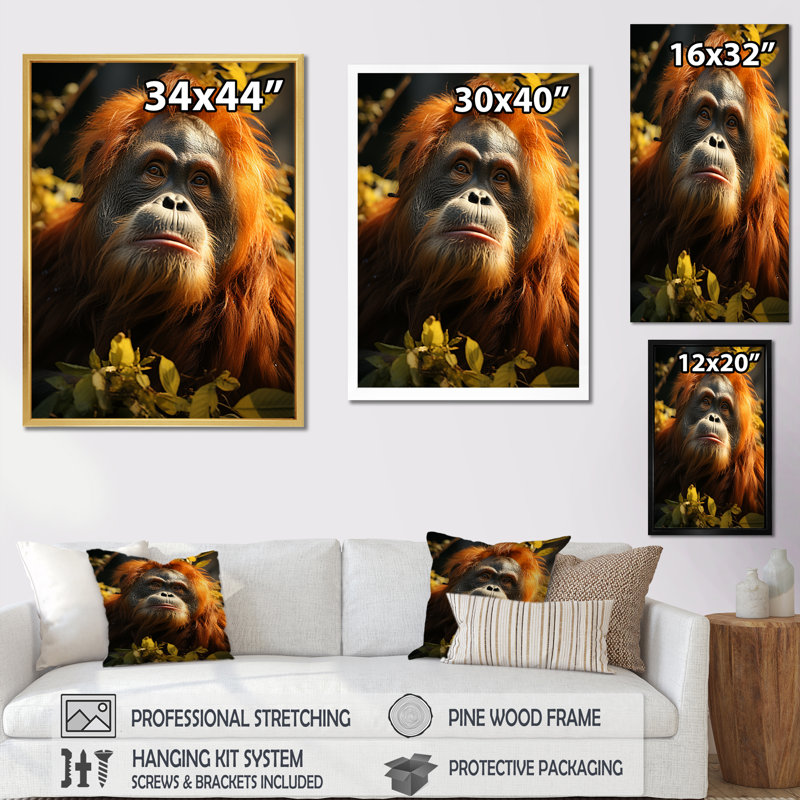 Orang-outan des singes dans la jungle ensoleillée, Cadre flottant doré, H 44 po x l 34 po x P 1,5 po