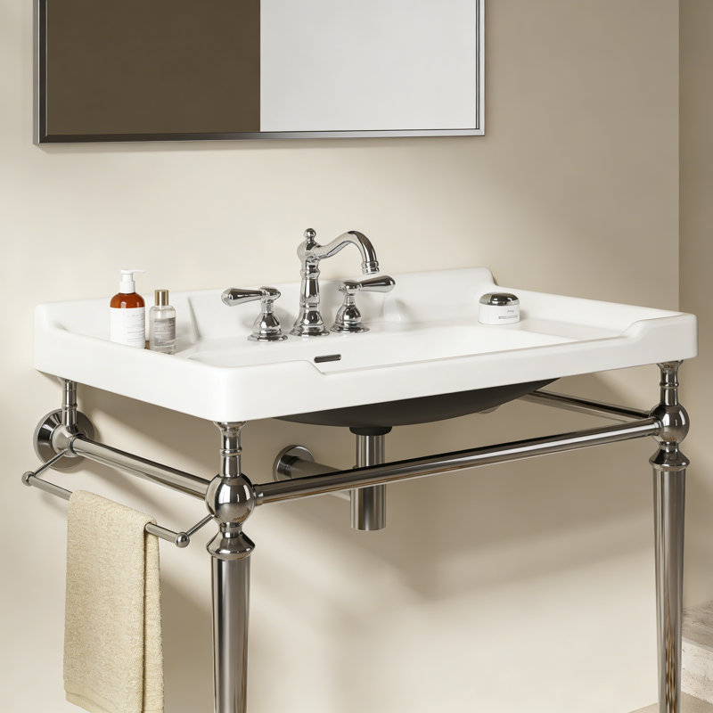 36" Bathroom Console Sink, Wall-Mounted Ceramic Vanity Basin with 3 Pre-drilled Faucet Holes, Freestanding Stainless Steel Support Legs with Towel Bar, No Fauce