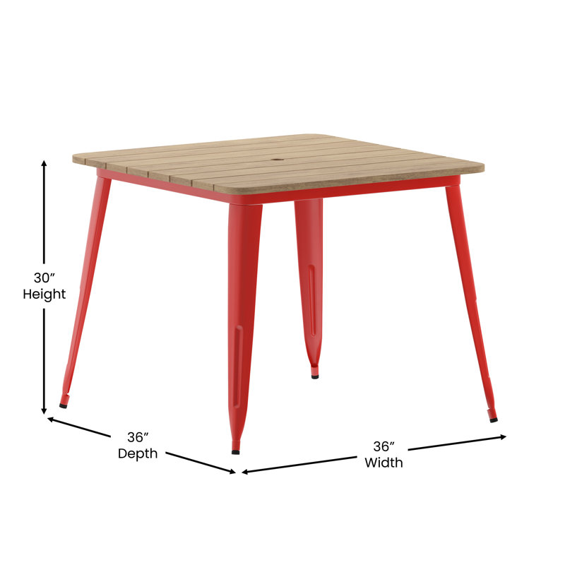 Harewood Square Commercial Indoor/Outdoor Poly Resin Restaurant Table with Steel Frame, Brown Top/Red Base, 36" W x 36" L