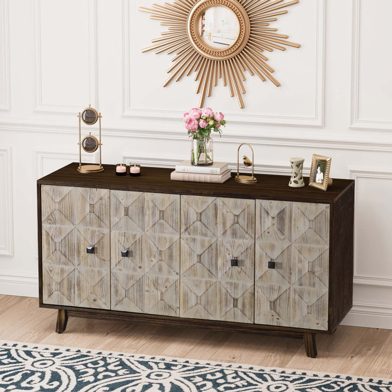 Armoire de rangement sur pied 59,84 "à 4 portes rétro, Brun / naturel