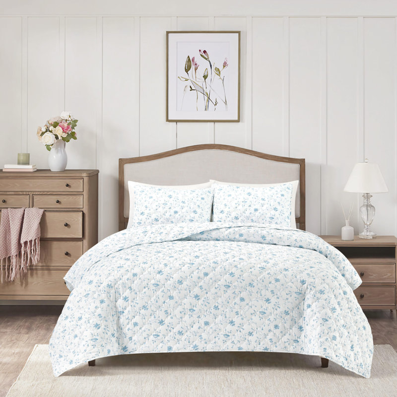 Ensemble de courtepointe réversible Laura Ashley Juliette, Courtepointe pour grand lit + 2 taies décoratives, Bleu