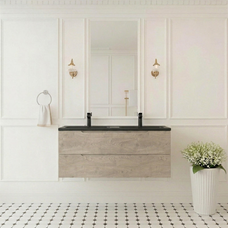  Meuble-lavabo double mural 48 po avec plateau en résine noire et 2 tiroirs modernes pour petite salle de bain, 48D