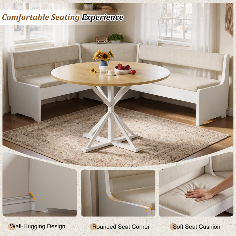 Ensemble de table et de banc d'angle extra large PAKASEPT avec rangement intégré, coussin moelleux et table ronde robuste, blanc.