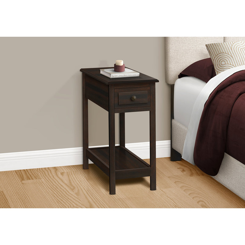 Table d'appoint, 2 niveaux, table de bout, table de bout, étroite, table de chevet, chambre à coucher, tiroir de rangement, placage de lampe, transitionnel