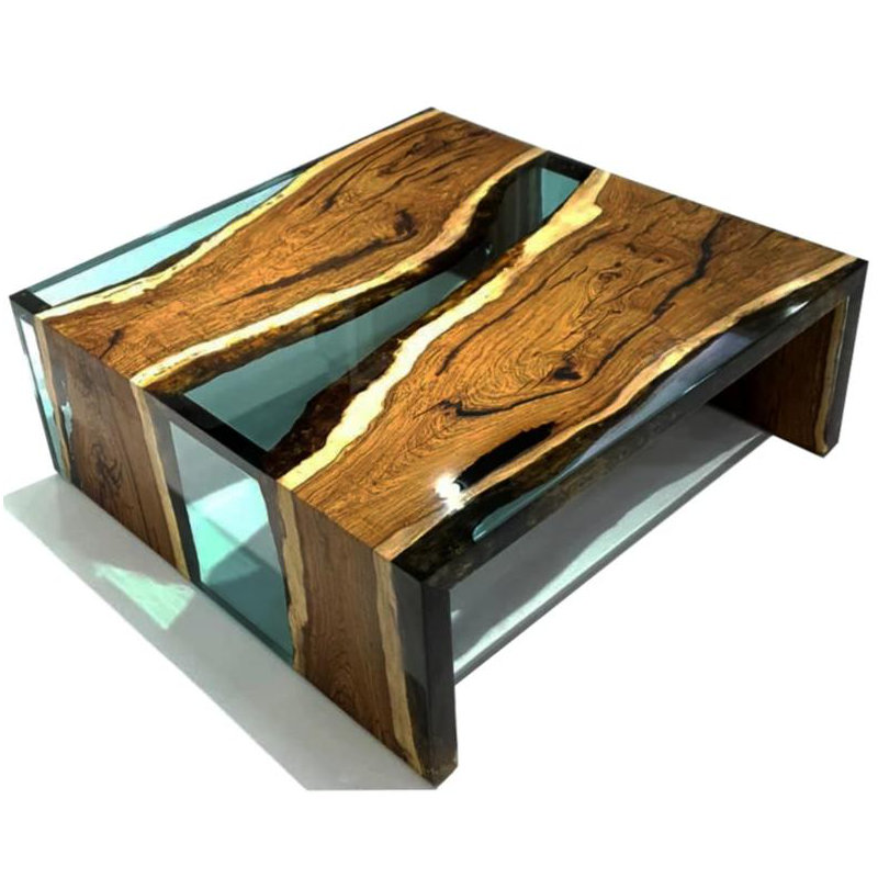 Coffee Table, 13.7" H x 39.4" L x 39.4" W, Natural Wood/Aqua