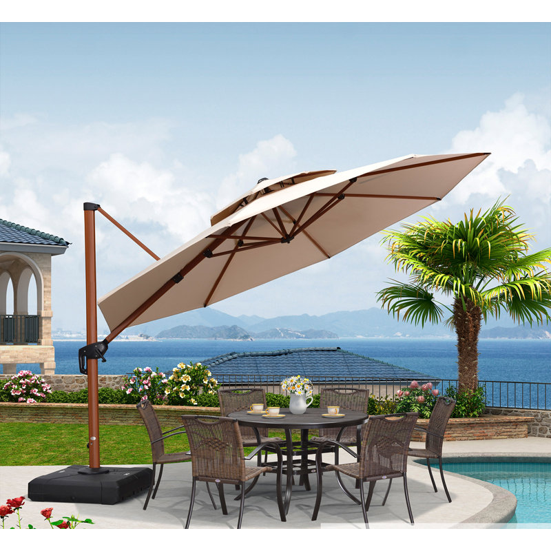 Brimley 12 FT Round Wood Pattern Cantilever Umbrella,Beige, Beige