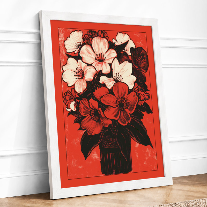 Red Blossom Arrangement Art Deco - Framed Print, A3 - 42.0 x 29.7 cm, White