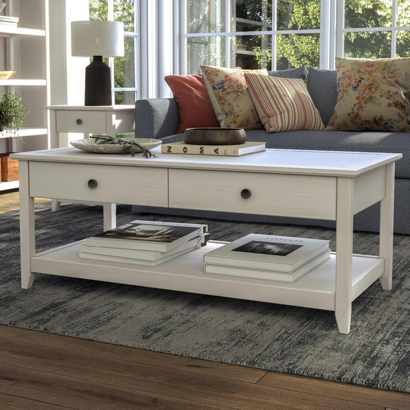 Table basse en bois massif avec tiroirs et tablette - Assemblage facile, finition non toxique à faible teneur en COV, glissières en bois durables