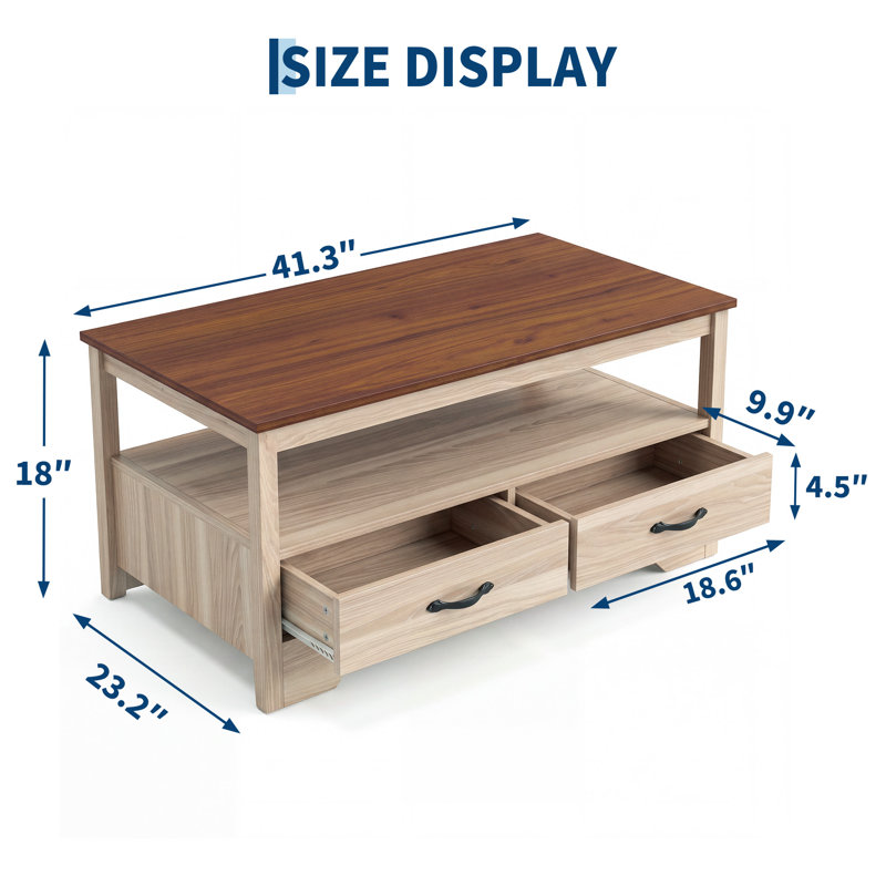 Table basse moderne avec tablette de rangement ouverte et 2 tiroirs, table d'appoint de style champêtre pour le salon, idée de salon