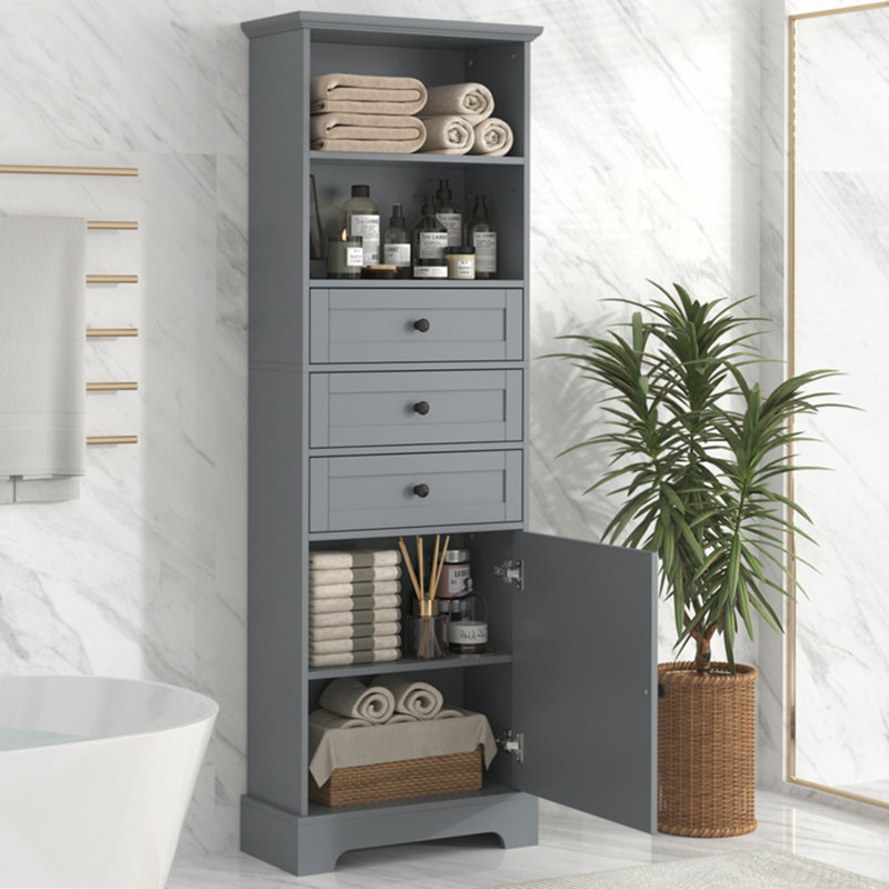 Tall Storage Cabinet With 3 Drawers And Adjustable Shelves, Gray
