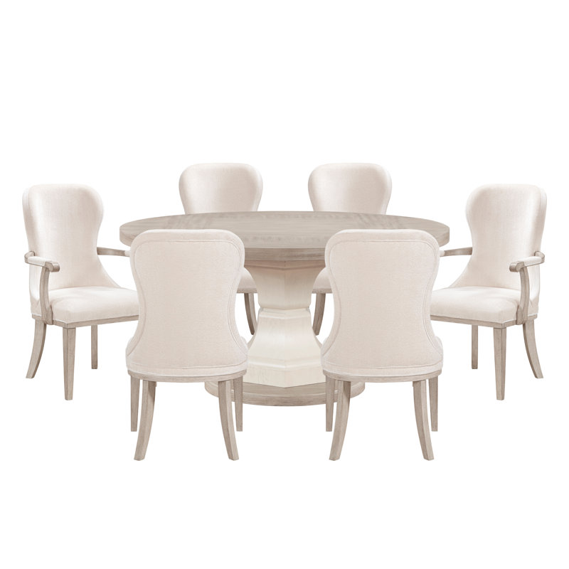Ensemble de salle à manger rond en bois de 60 pouces, 7 pièces, chaises rembourrées grises et blanches, 7