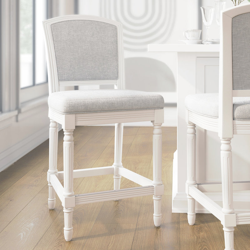 Tabouret à hauteur de comptoir blanc de 26 po, siège et dossier rembourrés gris, texturé, stationnaire pour les repas Barre de 26 po