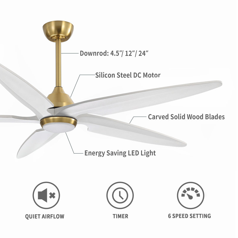 Chanille 5-Blade Solid Wood Ceiling Fan with LED Light and Remote Control, Gold, 64", White
