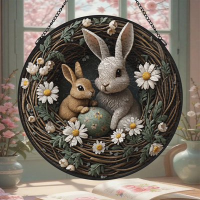 Mère et bébé, lapin, brindille, nid, marguerite florale, œufs de Pâques, vitrail, panneaux de verre pour décoration de fenêtre