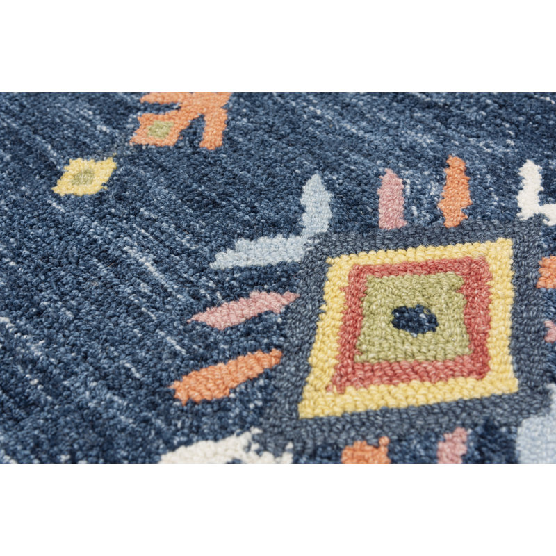 Tapis bleu en laine touffeté à la main Southwestern, Rectangle 5 pi x 7 pi 6 po