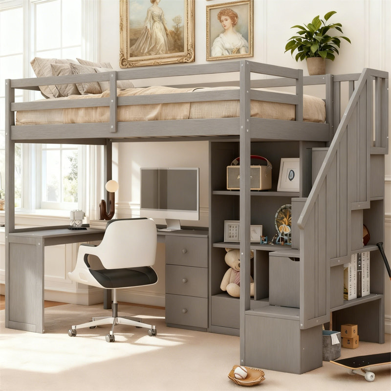 Lit mezzanine simple avec poste de travail en L de qualité supérieure et escalier de rangement, Gris