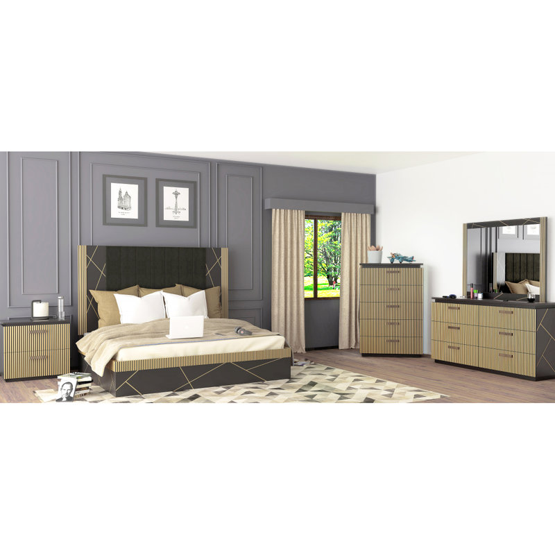 Ensemble de chambre à coucher de style moderne 5 pièces en bois de manguier avec métal laiton, Très grand lit