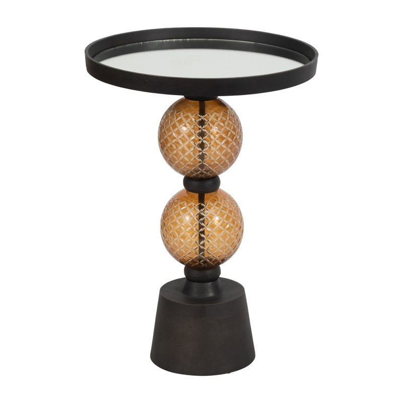 Modern Mirrored Top Side Table with Metal Base Contemporary Orb Accent Table, 22" H x 16" W x 16" D, Black/Gold