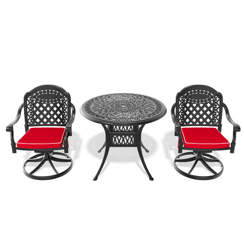 Ensemble de salle à manger 3 pièces en aluminium coulé toutes saisons comprenant 2 chaises pivotantes et une table ronde de 35,43 po avec structure noire