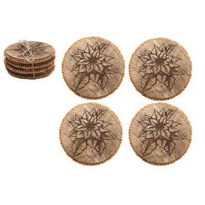 Dessous de verre ronds à perles gravées, motif poinsettia, lot de 4