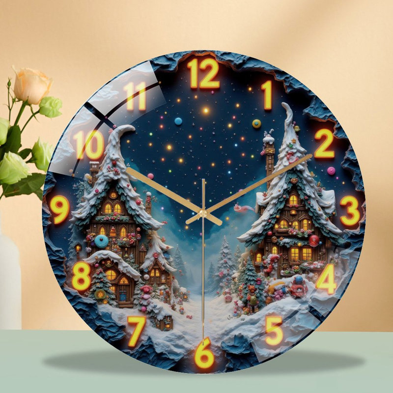 Numéros-1-12-Hiver-Village-Horloge - Horloge murale moderne en verre 12 po