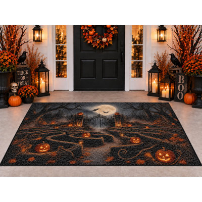 Tapis d'extérieur d'Halloween 152 x 213 cm, motif labyrinthe de citrouilles hanté, imperméable, en PVC bouclé, résistant et à séchage rapide, idéal pour porche, terrasse, balcon ou entrée.