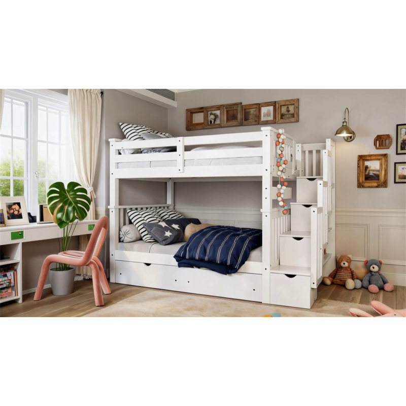Lit superposé double au-dessus de double avec tablettes et 6 tiroirs de rangement, Blanc