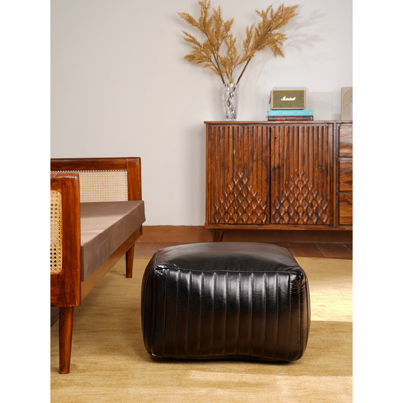 Solid Handmade Goat Leather Pouf (Recycled Cotton Fill), Black Genuine Leather, Square, 12'' H x 21" W x 21" D