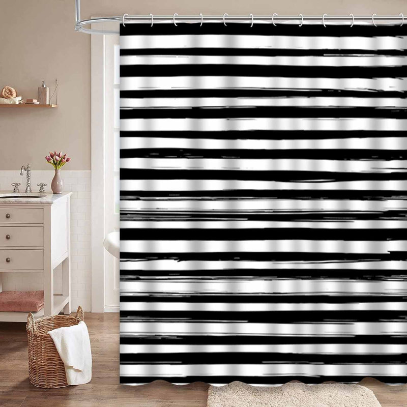 Rideau de douche à rayures noires et noires avec 12 crochets, L 72 po x l 84 po