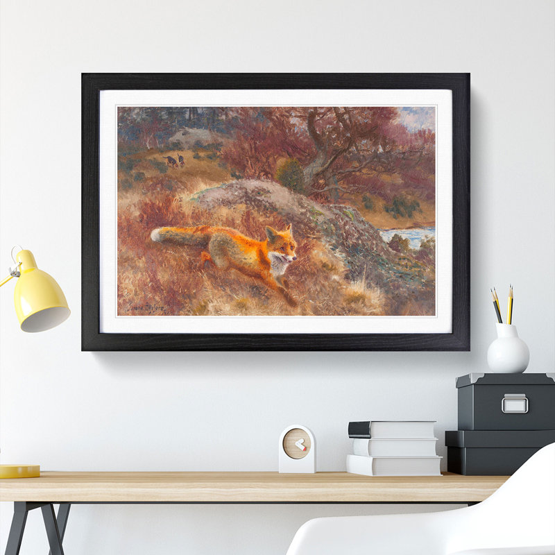 Fox and Hunting Dogs Vol.3 by Bruno Liljefors - Picture Frame Painting, 48cm H x 65cm W x 2cm D, Black Framed