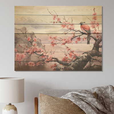 Oiseaux roses et bleus sur un cerisier en fleurs I - oiseau sur bois