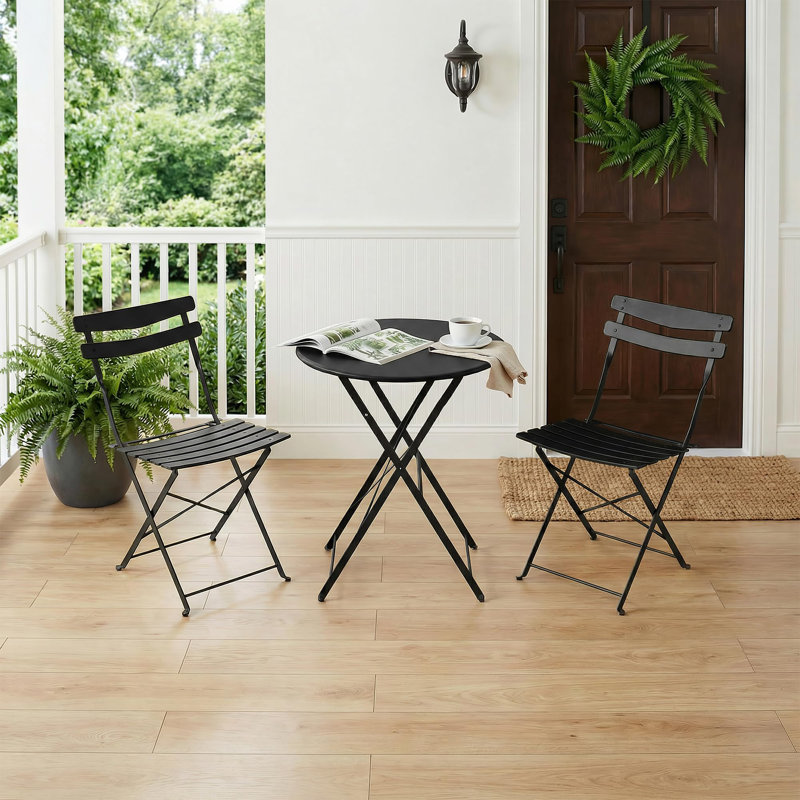 Ensemble bistro 3 pièces avec structure en acier, table pliante et 2 chaises, meubles de patio peu encombrants pour terrasse, balcon ou jardin