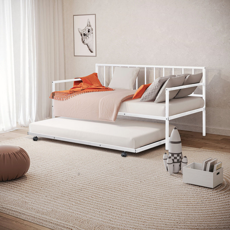 Lit de jour contemporain en métal blanc avec couchette et structure en métal pour espaces modernes, Blanc