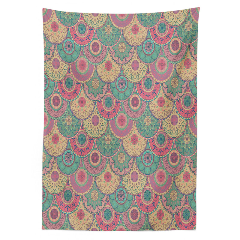 Ambesonne Vintage Tablecloth, Oriental Colorful Circular Shapes Traditional Classic Design Graphic Royal Theme, Rectangular Table Cover For Dining Room Kitchen Decor, 52" X 70", Green Pink