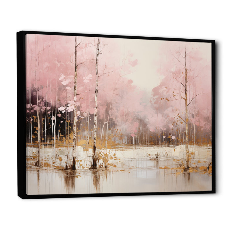 «Minimalisme rose et forêt dorée I», art sur toile, Cadre flottant noir, H 16 po x l 32 po x P 1 po