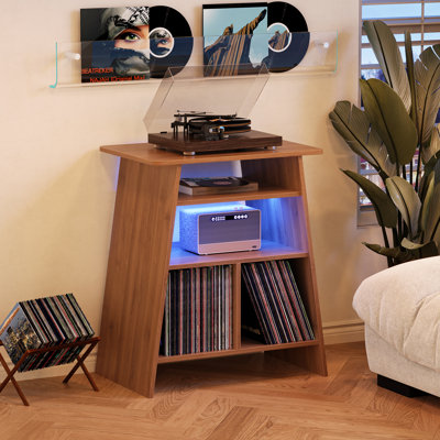 Support pour tourne-disque avec lumière à DEL, support pour table tournante en bois, brun